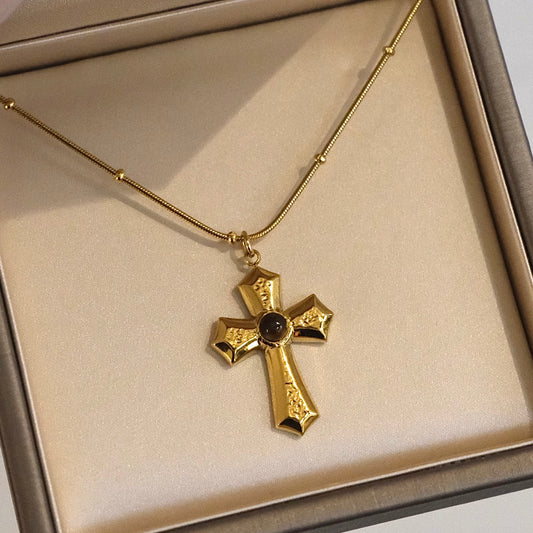 Gold-plated Black Onyx Cross Necklace