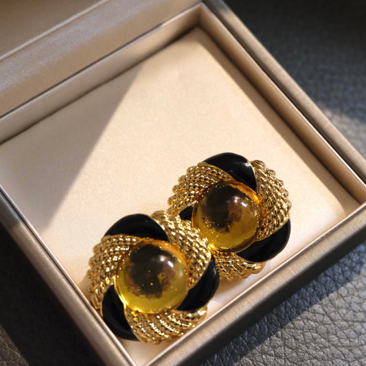 Gold-plated Yellow Gemstone and Black Enamel Earrings