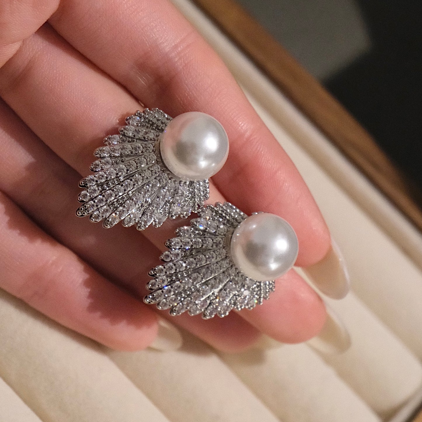 Elegant Pearl and Silver Leaf Stud Earrings