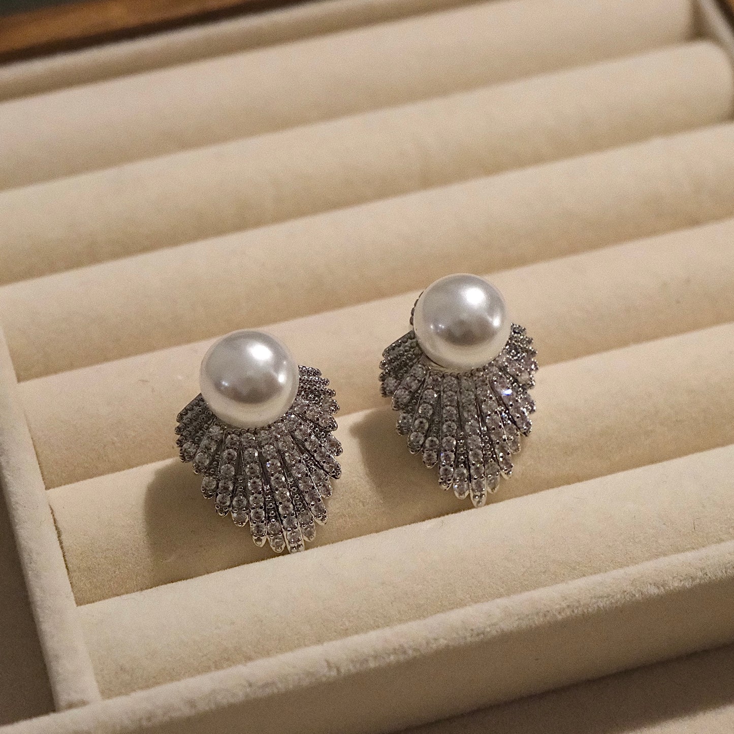 Elegant Pearl and Silver Leaf Stud Earrings