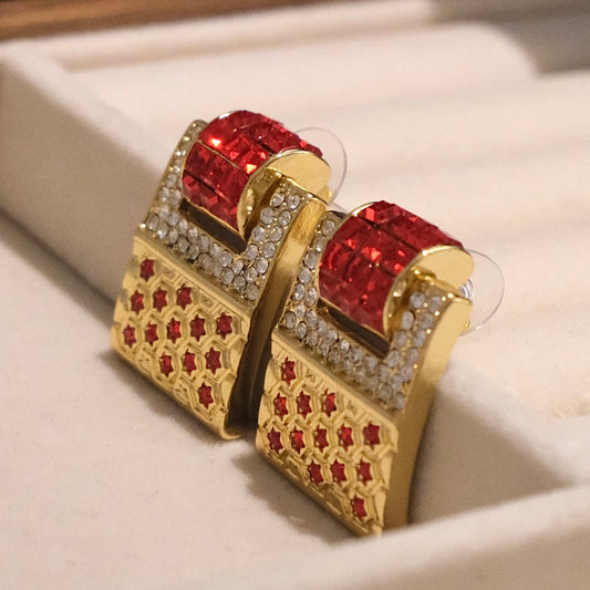 Gold-plated Red Crystal Square Earrings