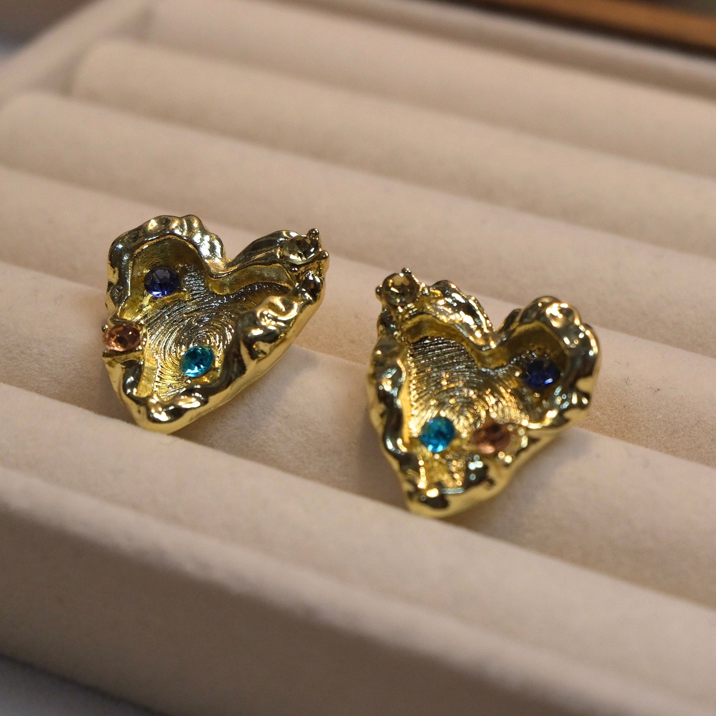 Abstract Heart Gold Earrings with Colorful Gem Accents