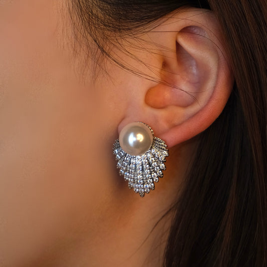 Elegant Pearl and Silver Leaf Stud Earrings