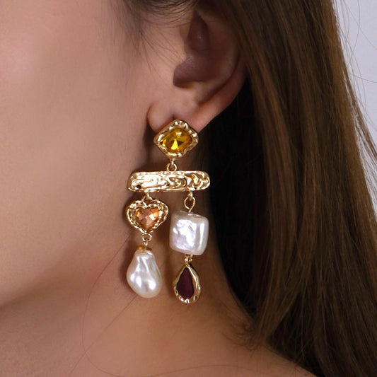 Multi-layer Pearl and Gemstone Asymmetrical Drop Earrings