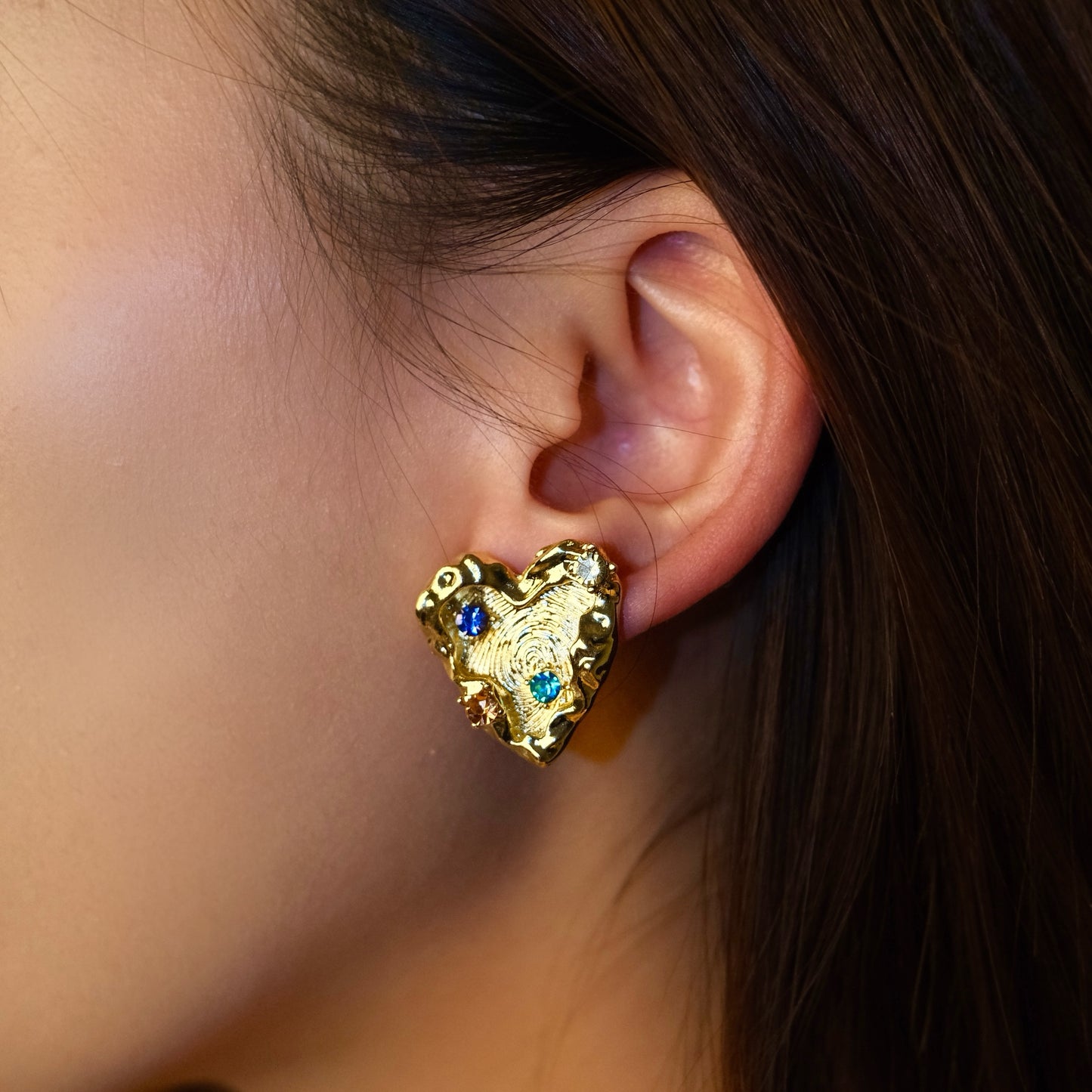 Abstract Heart Gold Earrings with Colorful Gem Accents