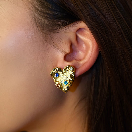 Abstract Heart Gold Earrings with Colorful Gem Accents